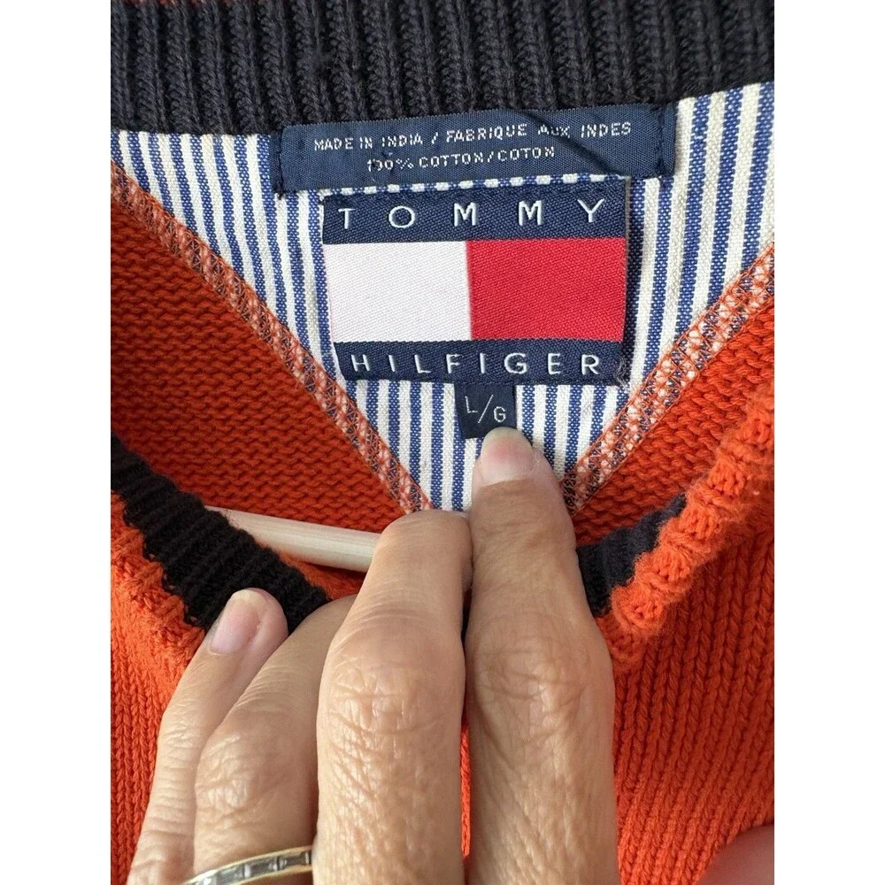 VTG Tommy Hilfiger Sweater Mens L Orange Logo Heavy Knit Crewneck Sweatshirt 90s